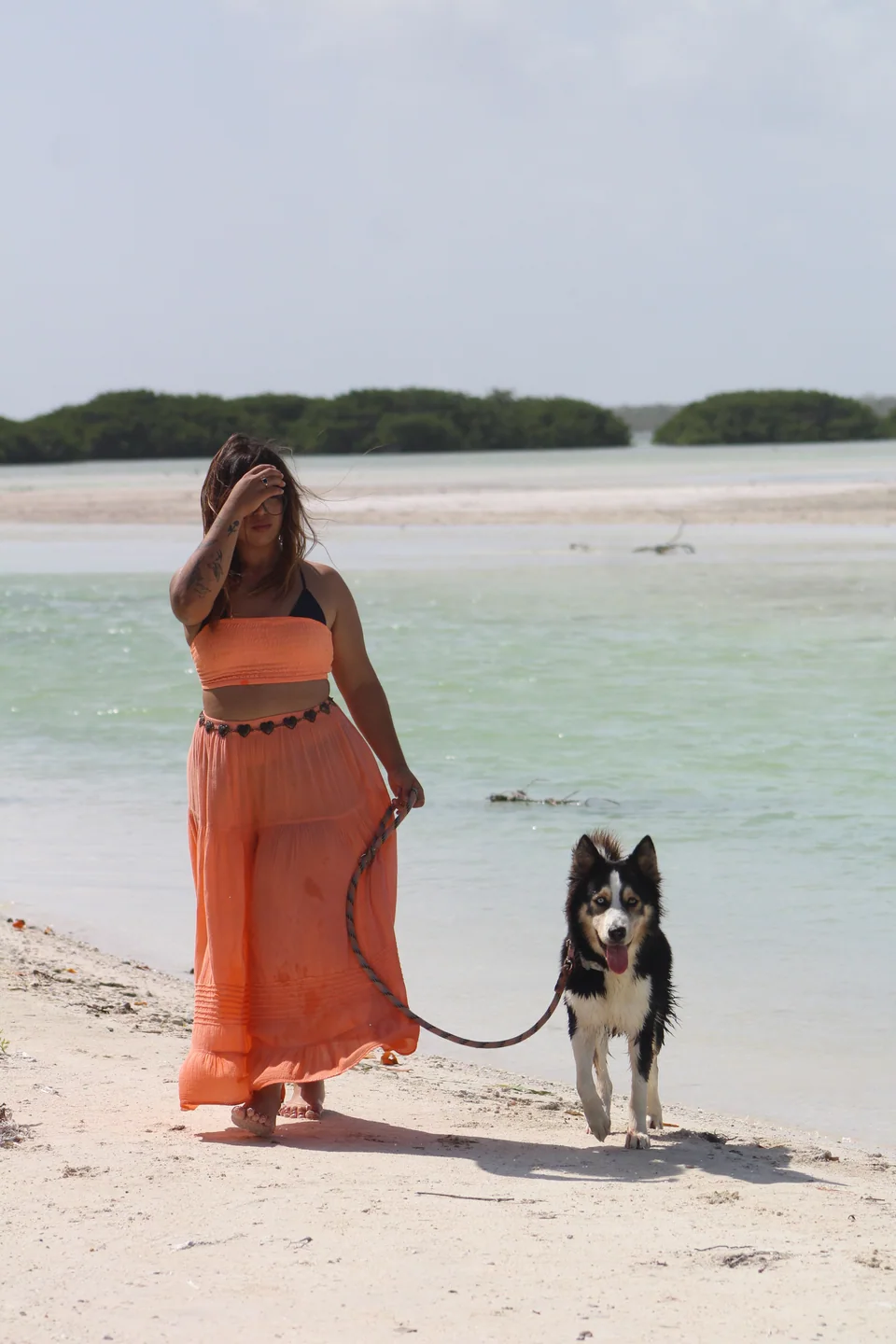 Mujer caminando con su perro husky por la orilla en Holbox